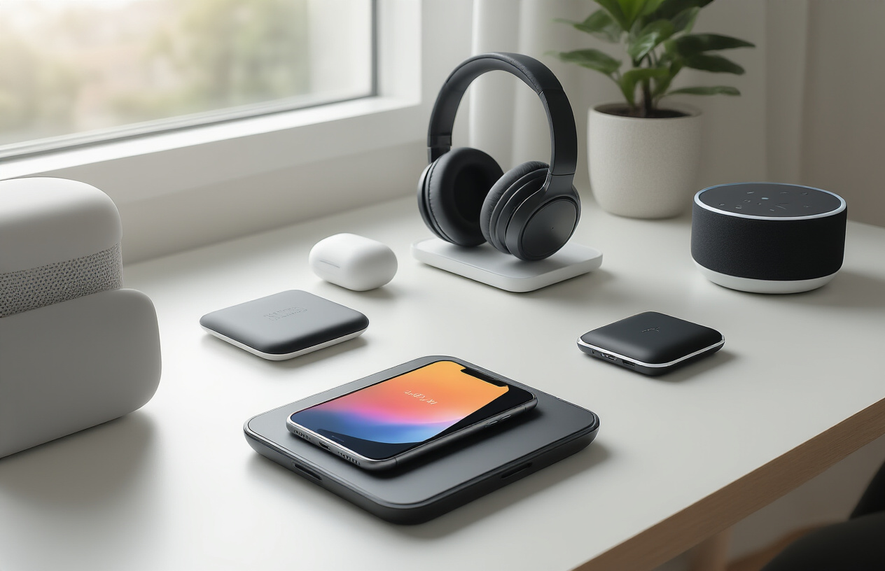 Create a realistic image of a modern workspace featuring innovative gadgets for entertainment and productivity, showing a sleek wireless charging pad with a smartphone, noise-canceling headphones, a compact tablet with stylus, wireless earbuds in their case, a smart home assistant device, and a portable laptop stand arranged on a clean white desk, with soft natural lighting from a window, modern minimalist background with subtle tech aesthetic, warm ambient lighting creating a contemporary lifestyle atmosphere, absolutely NO text should be in the scene.