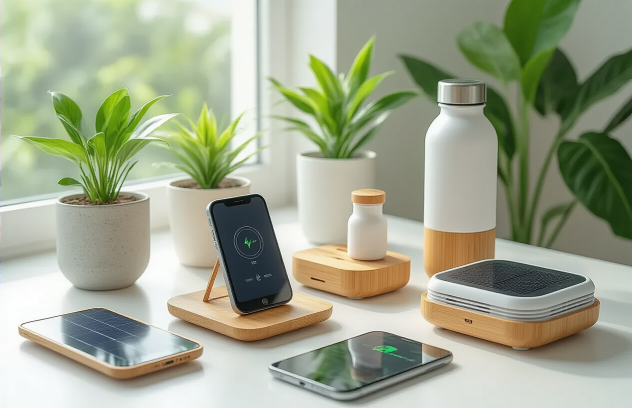 Create a realistic image of modern eco-friendly gadgets arranged on a clean white surface, featuring a solar-powered phone charger, bamboo wireless charging station, energy-efficient LED smart bulbs, a reusable water bottle with built-in purification system, and a compact air purifier made from sustainable materials, with green plants in the background, bright natural lighting streaming from the left side creating a fresh and environmentally conscious atmosphere, absolutely NO text should be in the scene.