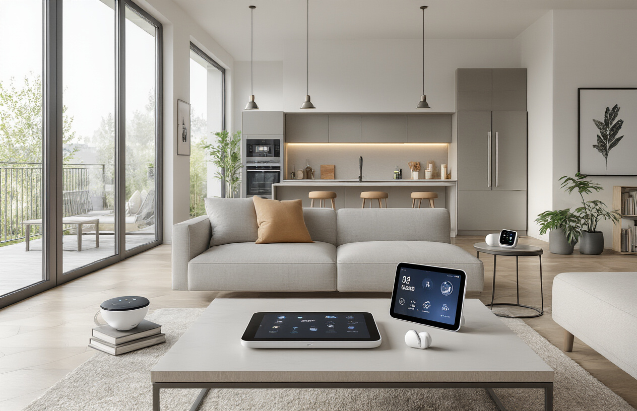 Create a realistic image of a modern living room showcasing multiple innovative gadgets including a smart home control tablet on a coffee table, sleek kitchen appliances visible in an open-plan kitchen background, a fitness tracker and wellness device on a side table, wireless earbuds and a tablet displaying productivity apps, and eco-friendly solar-powered devices, all arranged in a clean contemporary home setting with natural lighting streaming through large windows, creating an organized and sophisticated atmosphere that represents the future of modern living technology. Absolutely NO text should be in the scene.
