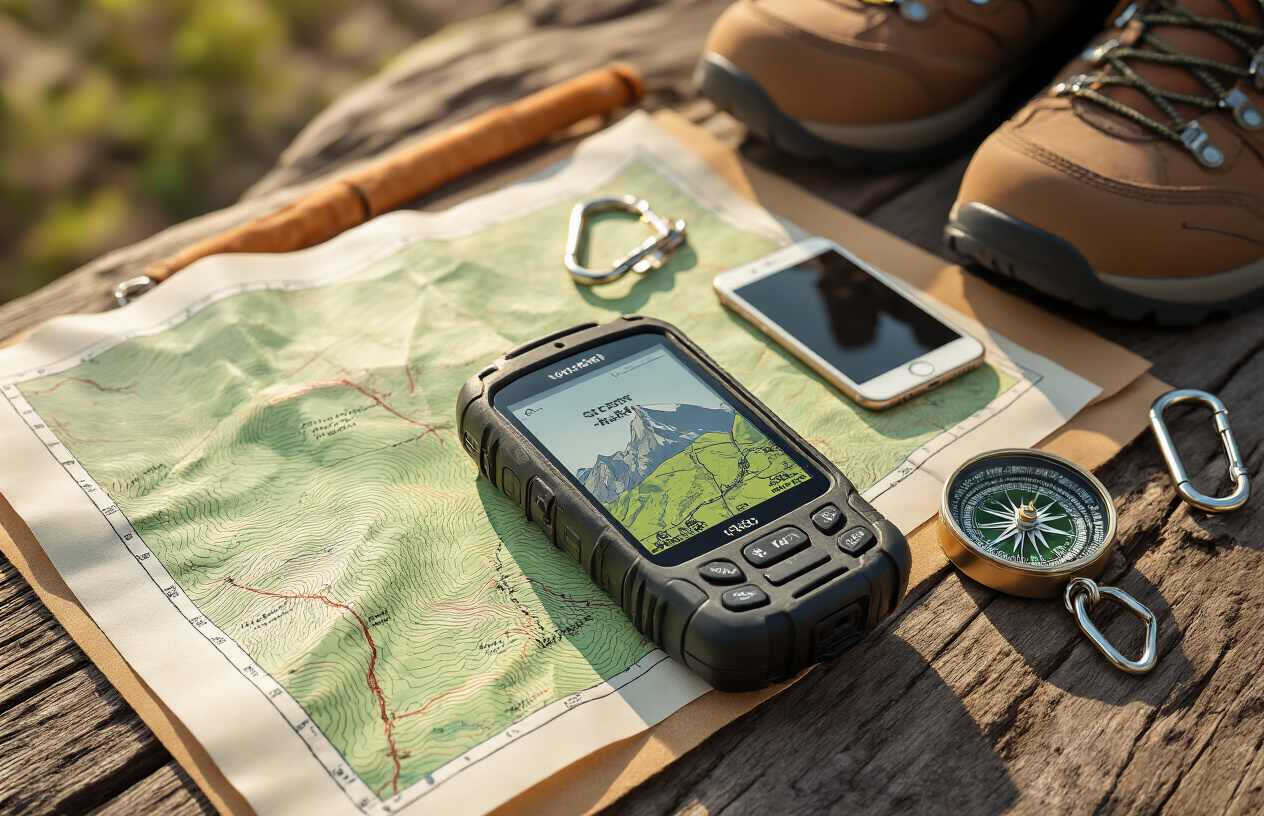 Create a realistic image of a rugged handheld GPS device and smartphone displaying topographic maps placed on a wooden surface alongside a detailed paper trail map, compass, and carabiner clips, with hiking boots and a backpack partially visible in the background, set in warm natural lighting that suggests preparation for an outdoor adventure, absolutely NO text should be in the scene.