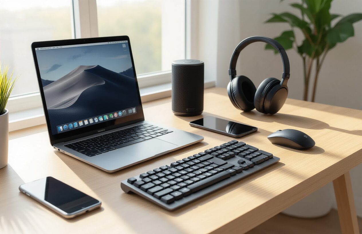 Create a realistic image of a clean, modern desk setup featuring essential productivity hardware including a sleek laptop computer, wireless mouse, mechanical keyboard, smartphone, tablet, noise-canceling headphones, portable charger, and a smart speaker arranged neatly on a minimalist wooden desk surface, with soft natural lighting coming from a window creating gentle shadows, professional office environment in the background slightly blurred, warm and focused atmosphere suggesting efficiency and modern workplace technology, absolutely NO text should be in the scene.