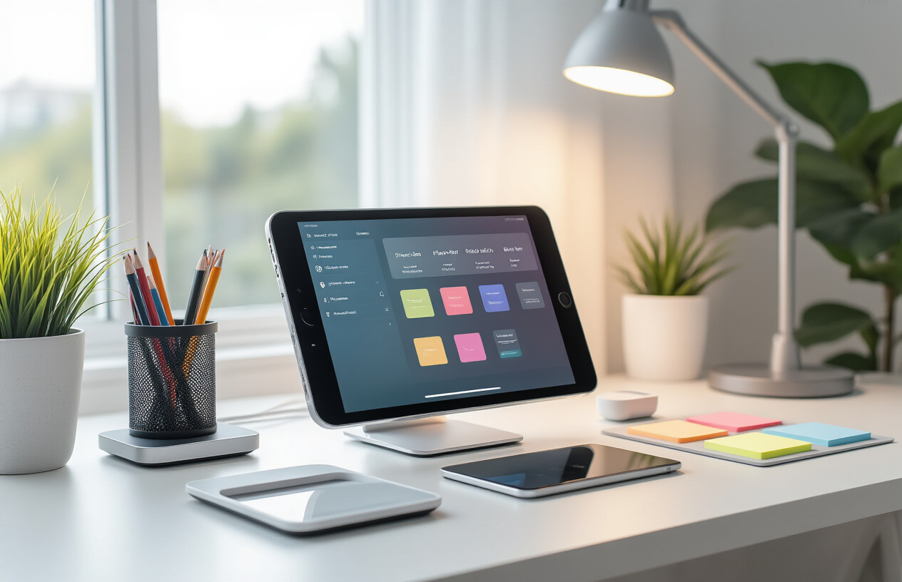 Create a realistic image of a modern, organized workspace featuring smart organization tools including a digital tablet displaying a task management app, wireless charging stations, smart desk organizers with built-in USB ports, color-coded cable management systems, smart sticky notes, and a sleek desk lamp with touch controls, all arranged on a clean white desk surface with soft natural lighting from a nearby window, creating a productive and efficient atmosphere. Absolutely NO text should be in the scene.