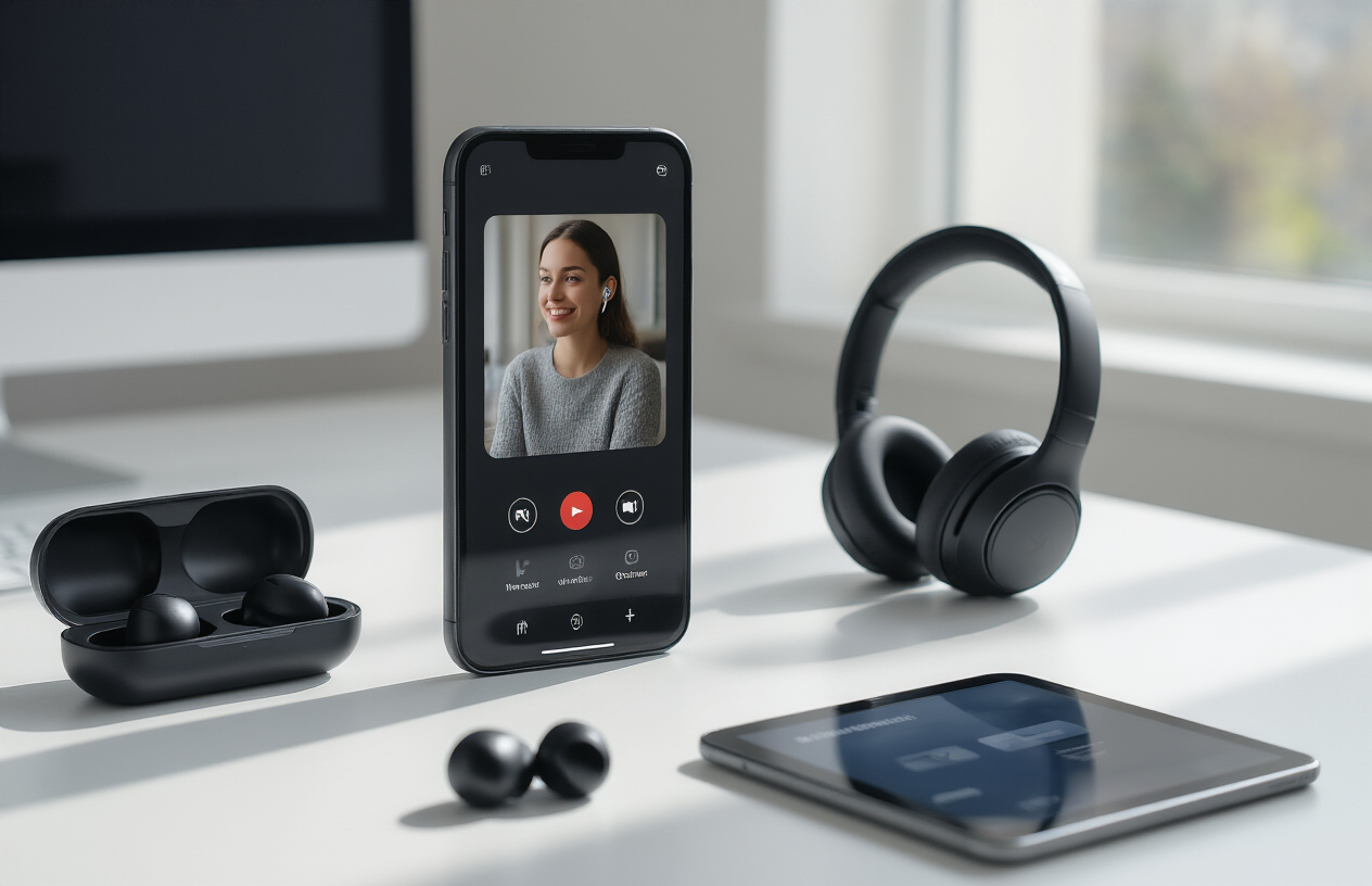 Create a realistic image of modern communication devices arranged on a clean white desk surface, featuring a latest-model smartphone displaying a video call interface, wireless earbuds in their charging case, a sleek wireless headset, and a tablet showing a messaging app, with soft natural lighting from a window creating gentle shadows, professional office environment in the blurred background, emphasizing efficiency and connectivity in a modern workspace setting, absolutely NO text should be in the scene.