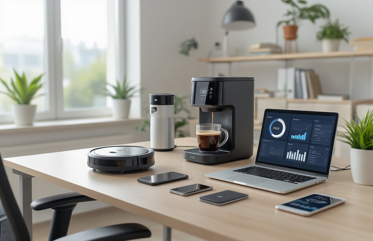 Create a realistic image of a modern office desk featuring smart automation gadgets including a robotic vacuum cleaner in the background, an automated coffee machine brewing coffee, a smart speaker device, wireless charging pads with smartphones, and a laptop displaying automated workflow dashboards, set in a clean contemporary workspace with soft natural lighting from a window, creating a productive and efficient atmosphere that showcases how technology handles routine tasks, absolutely NO text should be in the scene.
