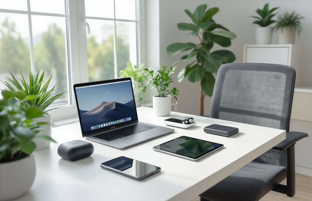 Create a realistic image of a modern home office setup featuring essential mobile productivity gadgets including a sleek laptop, smartphone, wireless earbuds, portable charger, and tablet arranged on a clean white desk, with a comfortable ergonomic chair, natural lighting from a nearby window, and a minimalist background with indoor plants, conveying a professional yet comfortable remote work environment that enhances productivity and efficiency, absolutely NO text should be in the scene.