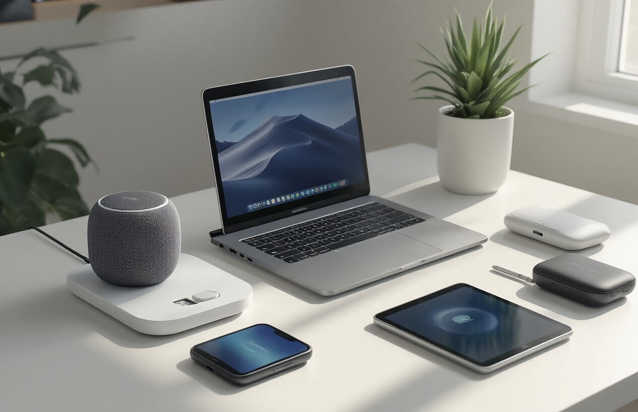 Create a realistic image of a modern office desk setup featuring an array of smart productivity gadgets including a sleek laptop, wireless charging pad with smartphone, smart speaker, digital tablet with stylus, wireless earbuds in their case, a smartwatch, and compact portable monitor, all arranged neatly on a clean white desk surface with soft natural lighting from a window creating gentle shadows, warm and professional atmosphere suggesting enhanced productivity and efficiency, minimalist background with subtle office environment elements. Absolutely NO text should be in the scene.