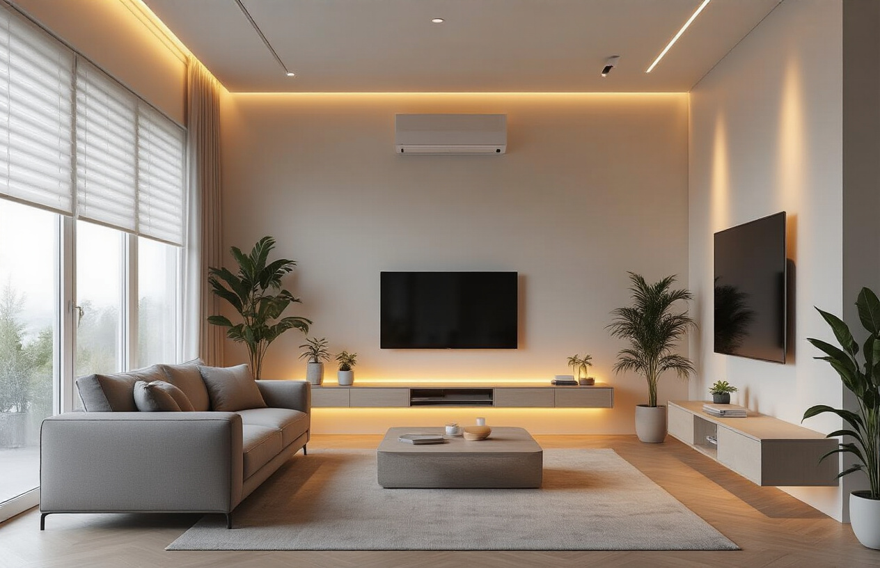 Create a realistic image of a modern living room interior showcasing hidden smart home technology seamlessly integrated into the environment, featuring automated blinds, smart lighting panels embedded in the ceiling, a sleek wall-mounted smart thermostat, invisible speakers built into the walls, and subtle smart sensors placed discretely around the room, with warm ambient lighting creating a cozy atmosphere, clean minimalist furniture including a comfortable sofa and coffee table, plants adding natural elements, and the overall scene demonstrating how advanced technology can work invisibly in the background of daily life, absolutely NO text should be in the scene.