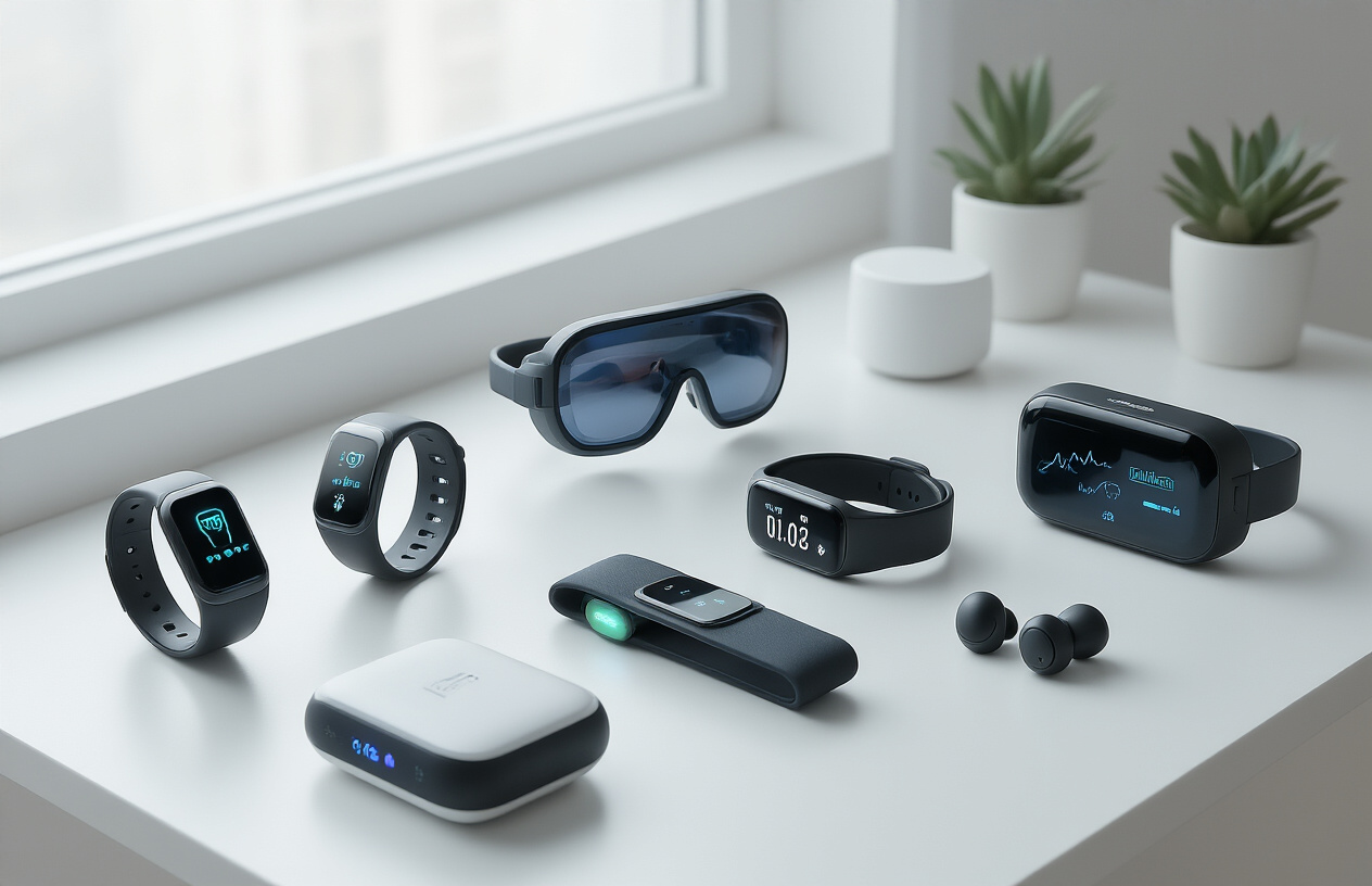 Create a realistic image of a collection of innovative wearable tech gadgets arranged on a clean white desk surface, featuring smart rings with glowing LED indicators, sleek fitness tracking armbands, high-tech smart glasses with transparent displays, wireless earbuds with health monitoring capabilities, and a futuristic posture-correcting device, all displayed in an organized layout with soft natural lighting from a window, creating a modern minimalist workspace atmosphere with subtle shadows, absolutely NO text should be in the scene.