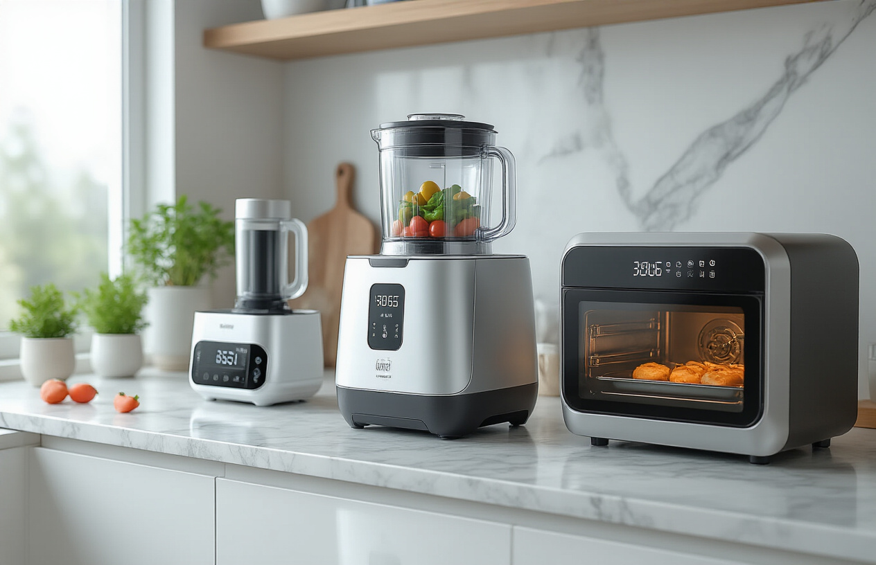 Create a realistic image of a modern kitchen countertop featuring several high-tech gadgets including a smart food processor with digital display, an AI-powered cooking assistant device, a precision sous vide cooker, and a compact smart oven, all arranged on a clean marble counter surface with soft natural lighting from a window, creating a sleek and futuristic cooking environment that showcases innovative kitchen technology, absolutely NO text should be in the scene.