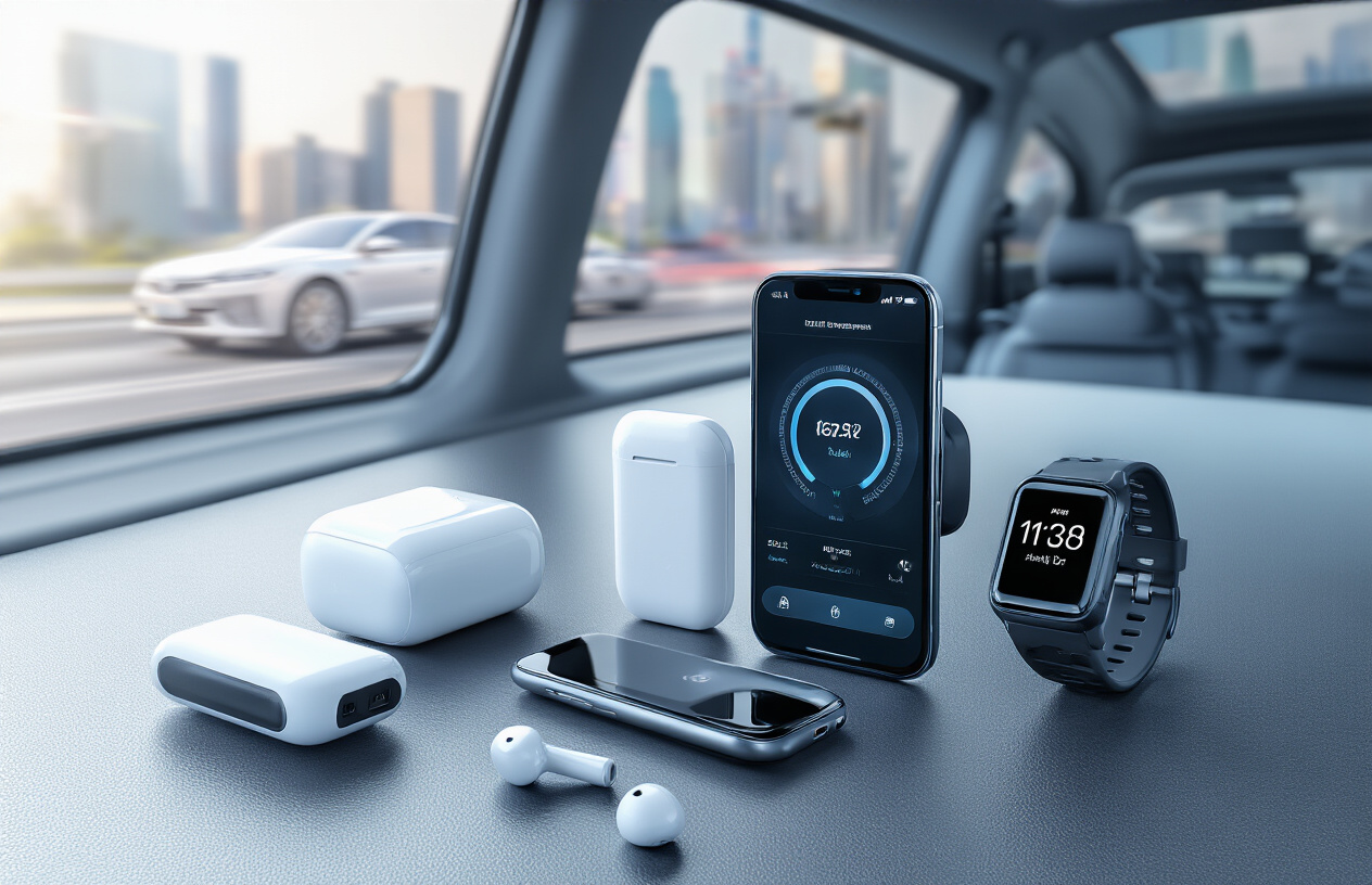 Create a realistic image of modern transportation tech gadgets arranged on a sleek surface including wireless earbuds, a smartphone with navigation app visible, a compact portable charger, smart car mount, and a sleek fitness tracker, with a blurred background showing part of a modern car interior and city commute scene through windows, professional lighting with cool blue and silver tones suggesting innovation and efficiency, absolutely NO text should be in the scene.