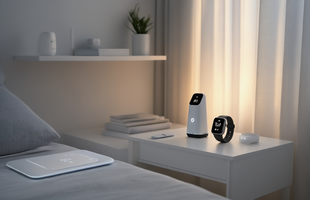 Create a realistic image of a modern minimalist bedroom scene showing various hidden health monitoring devices seamlessly integrated into everyday objects, including a sleek smartwatch on a white nightstand, a thin smart mat beside the bed, a discrete air quality monitor on a floating shelf, and a small wearable fitness tracker, all with subtle LED indicators glowing softly in ambient morning light streaming through sheer curtains, creating a calm and peaceful wellness-focused environment with clean white and gray tones, absolutely NO text should be in the scene.