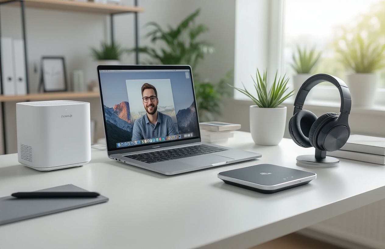 Create a realistic image of a modern home office setup featuring innovative tech gadgets on a clean white desk, including a sleek wireless charging pad, ergonomic laptop stand, compact air purifier, smart lighting panel, and wireless noise-canceling headphones, with a high-end laptop open displaying a professional video call interface, surrounded by minimalist office supplies, set against a bright, well-lit room with natural sunlight streaming through a window, creating a productive and organized workspace atmosphere, shot from a slightly elevated angle to showcase all the gadgets clearly, with soft professional lighting and a contemporary home office background, absolutely NO text should be in the scene.