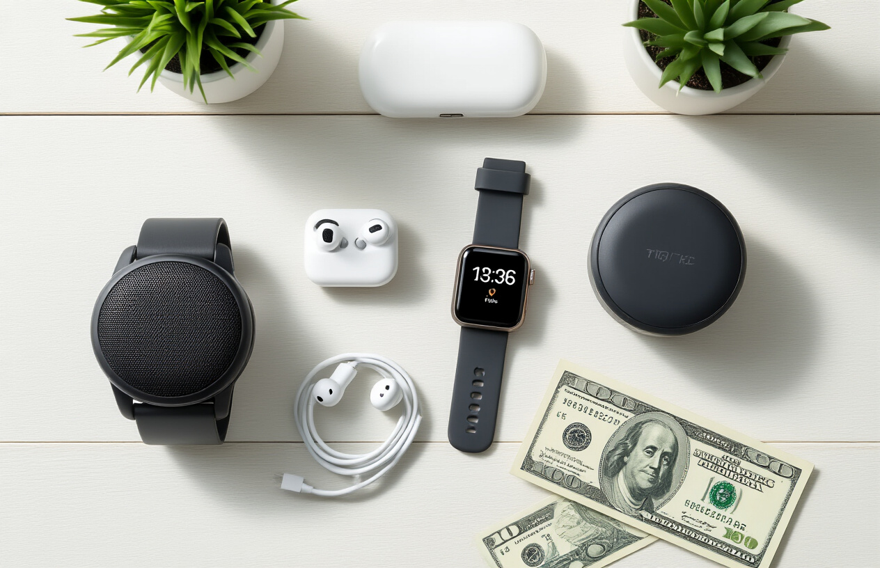 Create a realistic image of an organized flat lay arrangement showcasing various small tech gadgets under $50 spread across a clean white wooden desk surface, including wireless earbuds, a portable phone charger, a smartwatch, a Bluetooth speaker, a phone ring holder, and a USB cable organizer, with soft natural lighting from above creating gentle shadows, and a few scattered twenty and ten dollar bills nearby to emphasize the budget-friendly theme, shot from directly overhead in a minimalist style with warm ambient lighting, absolutely NO text should be in the scene.
