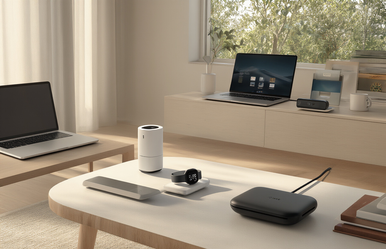 Create a realistic image of a modern living space showcasing various innovative tech gadgets subtly integrated throughout the scene, including a sleek smart home device on a minimalist side table, a fitness wearable charging dock, compact kitchen tech gadgets on a contemporary counter, small transportation accessories like wireless earbuds and a portable charger near keys, health monitoring devices discretely placed on surfaces, work-from-home tech equipment like an ergonomic laptop stand and wireless accessories on a clean desk, all arranged in warm natural lighting that creates an aspirational yet achievable daily routine atmosphere with soft shadows and a clean, organized aesthetic that emphasizes the seamless integration of technology into everyday life, absolutely NO text should be in the scene.