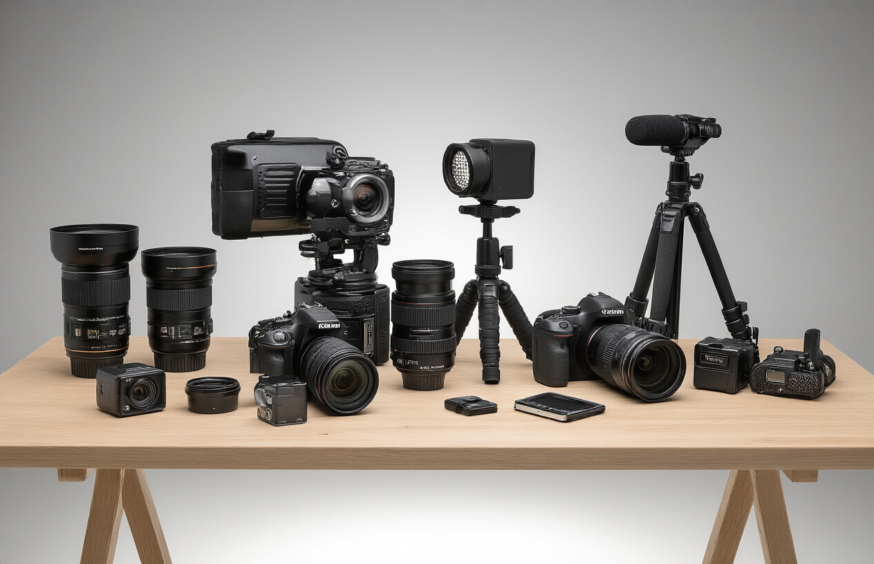 Create a realistic image of professional camera equipment arranged on a modern wooden desk including a high-end DSLR camera with lens attached, additional camera lenses of various sizes, a compact LED light panel, a wireless microphone system, a sturdy tripod, and camera batteries, all positioned in an organized manner against a clean studio background with soft, even lighting that highlights the metallic and black surfaces of the equipment. Absolutely NO text should be in the scene.
