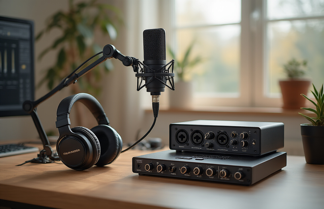 Create a realistic image of professional audio equipment arranged on a modern desk setup including a high-quality condenser microphone on an adjustable boom arm, closed-back studio headphones, a compact audio interface with multiple input knobs, and a portable digital recorder, all positioned in a clean contemporary workspace with soft natural lighting from a window, creating a professional content creation environment with warm ambient lighting that highlights the metallic and black finishes of the equipment, absolutely NO text should be in the scene.