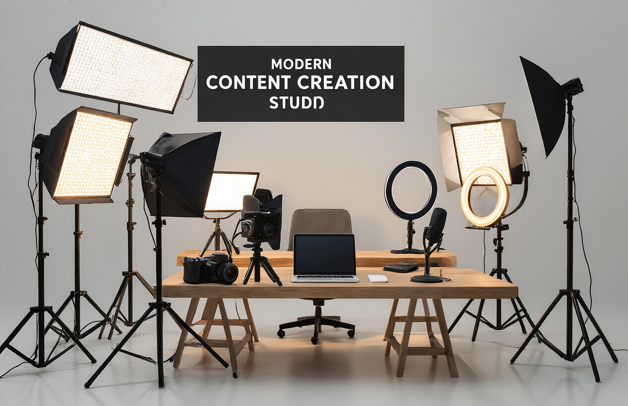 Create a realistic image of a modern content creation studio setup showcasing various professional lighting equipment including LED panel lights, ring lights, and softbox lights positioned around a desk workspace with a camera, laptop, and microphone, featuring warm and cool lighting options creating dramatic shadows and highlights, set against a clean white background with wooden desk elements, demonstrating different lighting angles and intensities for video and photo content creation, absolutely NO text should be in the scene.