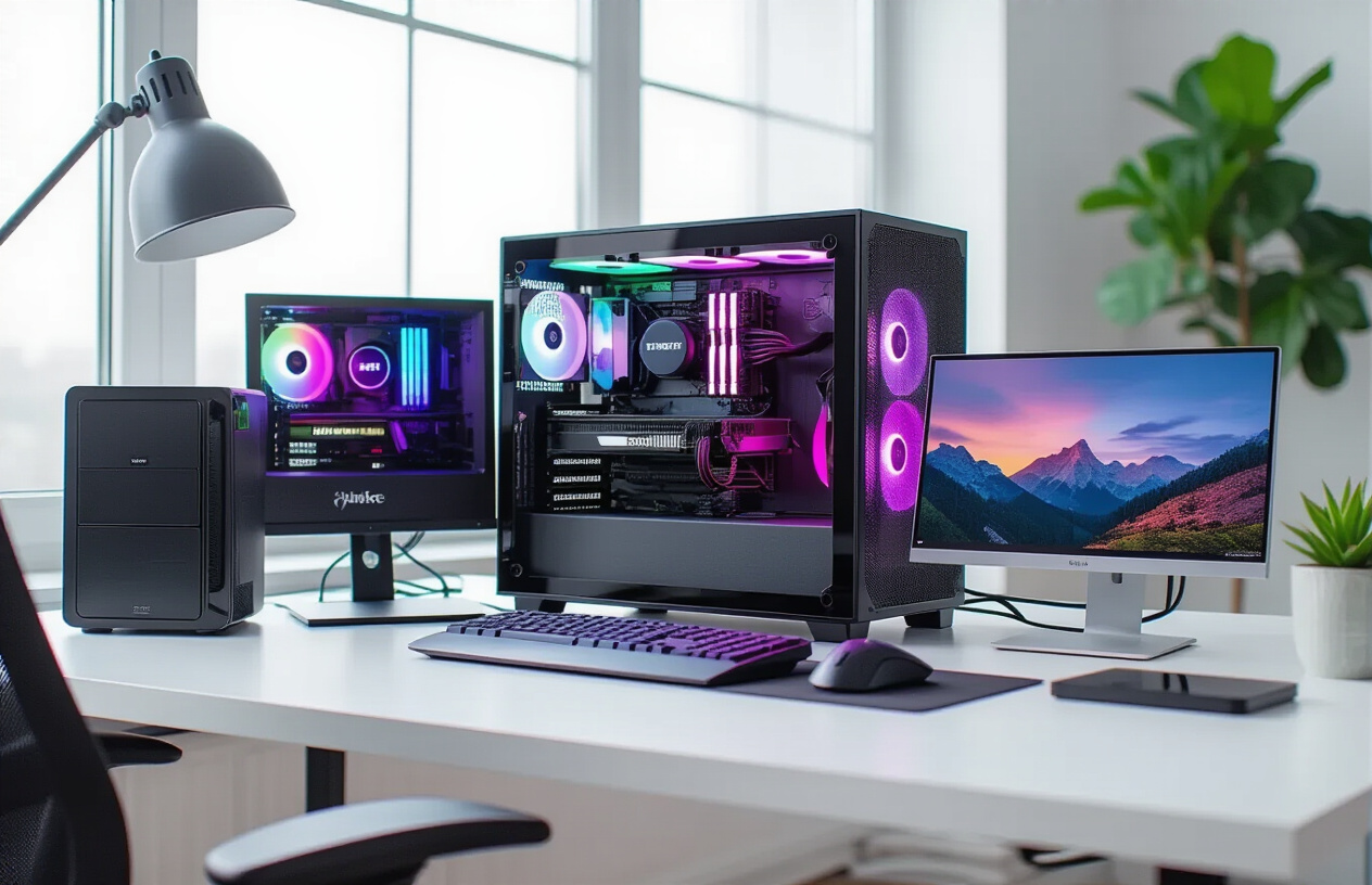 Create a realistic image of a modern desk setup featuring high-performance computing equipment including a powerful desktop computer with RGB lighting, multiple external hard drives, a sleek NVMe SSD, portable storage devices, and a high-end laptop, arranged on a clean white desk surface with soft natural lighting from a nearby window, creating a professional workspace atmosphere that emphasizes cutting-edge technology for content creation, with cables neatly organized and a minimalist background showing a contemporary office environment, absolutely NO text should be in the scene.