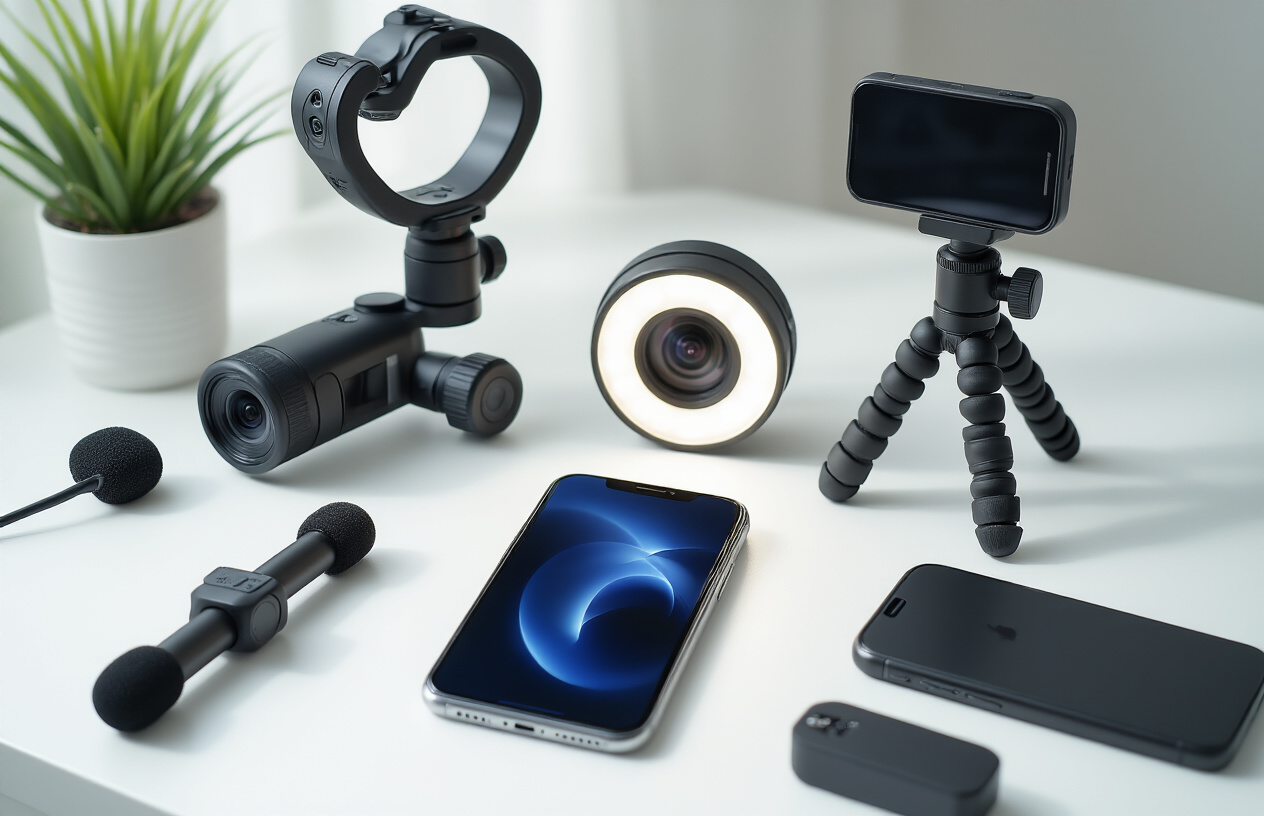 Create a realistic image of various mobile accessories for content creation arranged on a clean white desk surface, including a smartphone gimbal stabilizer, ring light with adjustable brightness, wireless lavalier microphone, phone tripod with flexible legs, lens attachment kit with wide-angle and macro lenses, and a portable phone charger, all positioned around a modern smartphone, with soft natural lighting from the side creating subtle shadows, professional product photography style with shallow depth of field, absolutely NO text should be in the scene.
