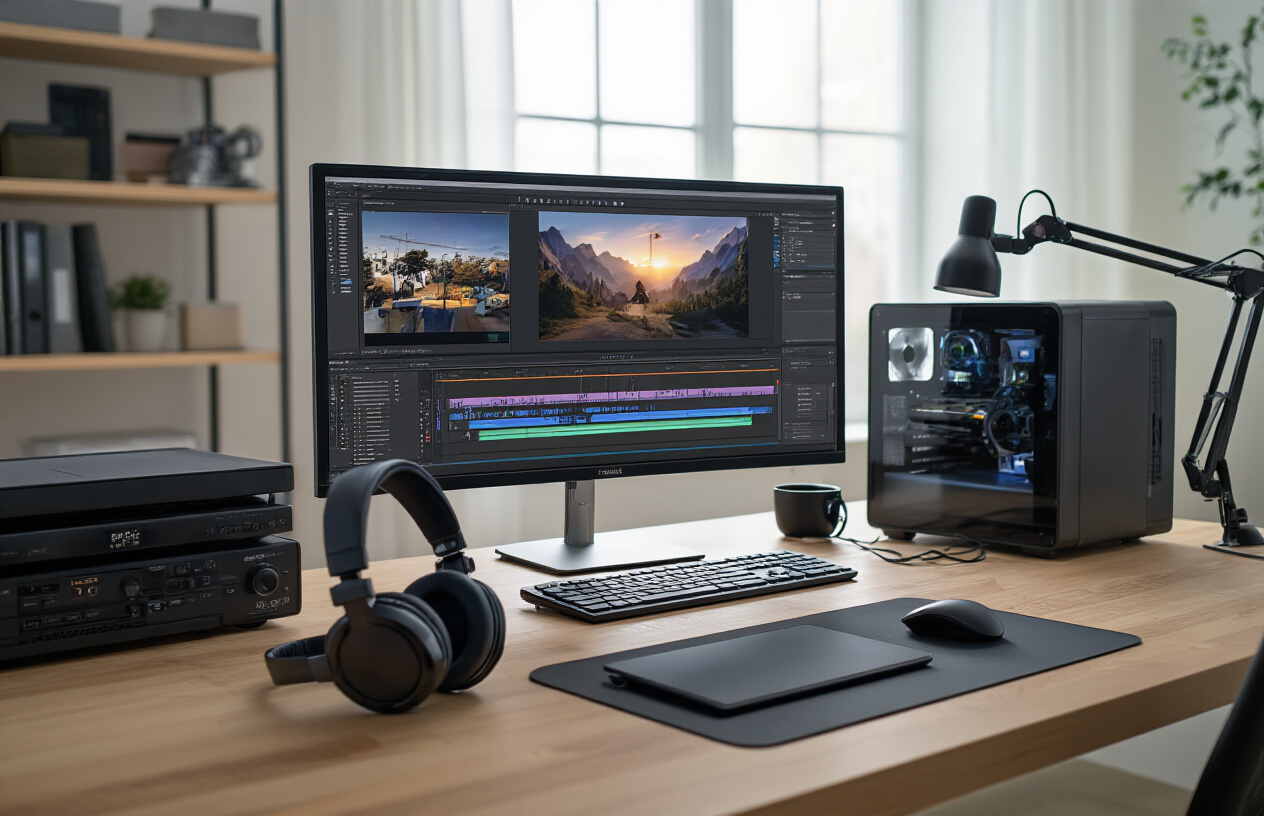 Create a realistic image of a modern desktop workstation featuring professional video editing equipment including a large high-resolution monitor displaying video editing software interface with timeline and color grading panels, a sleek computer tower, professional studio headphones, a digital graphics tablet with stylus, external hard drives, and a professional microphone on an adjustable boom arm, all arranged on a clean wooden desk in a well-lit home office environment with soft natural lighting from a window, creating a productive and professional atmosphere for content creation work, absolutely NO text should be in the scene.