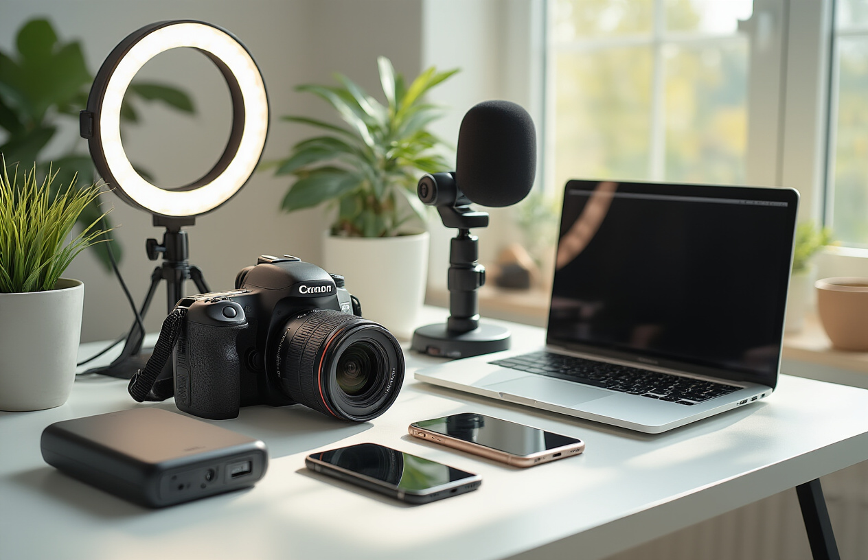 Create a realistic image of a modern desk workspace showcasing essential content creator gadgets including a professional DSLR camera with lens, wireless microphone, LED ring light, external hard drive, smartphone with gimbal stabilizer, and laptop computer, all arranged neatly on a clean white desk surface with soft natural lighting from a nearby window creating gentle shadows, warm and inspiring atmosphere suggesting productivity and creativity, shot from a slightly elevated angle to display all equipment clearly, absolutely NO text should be in the scene.
