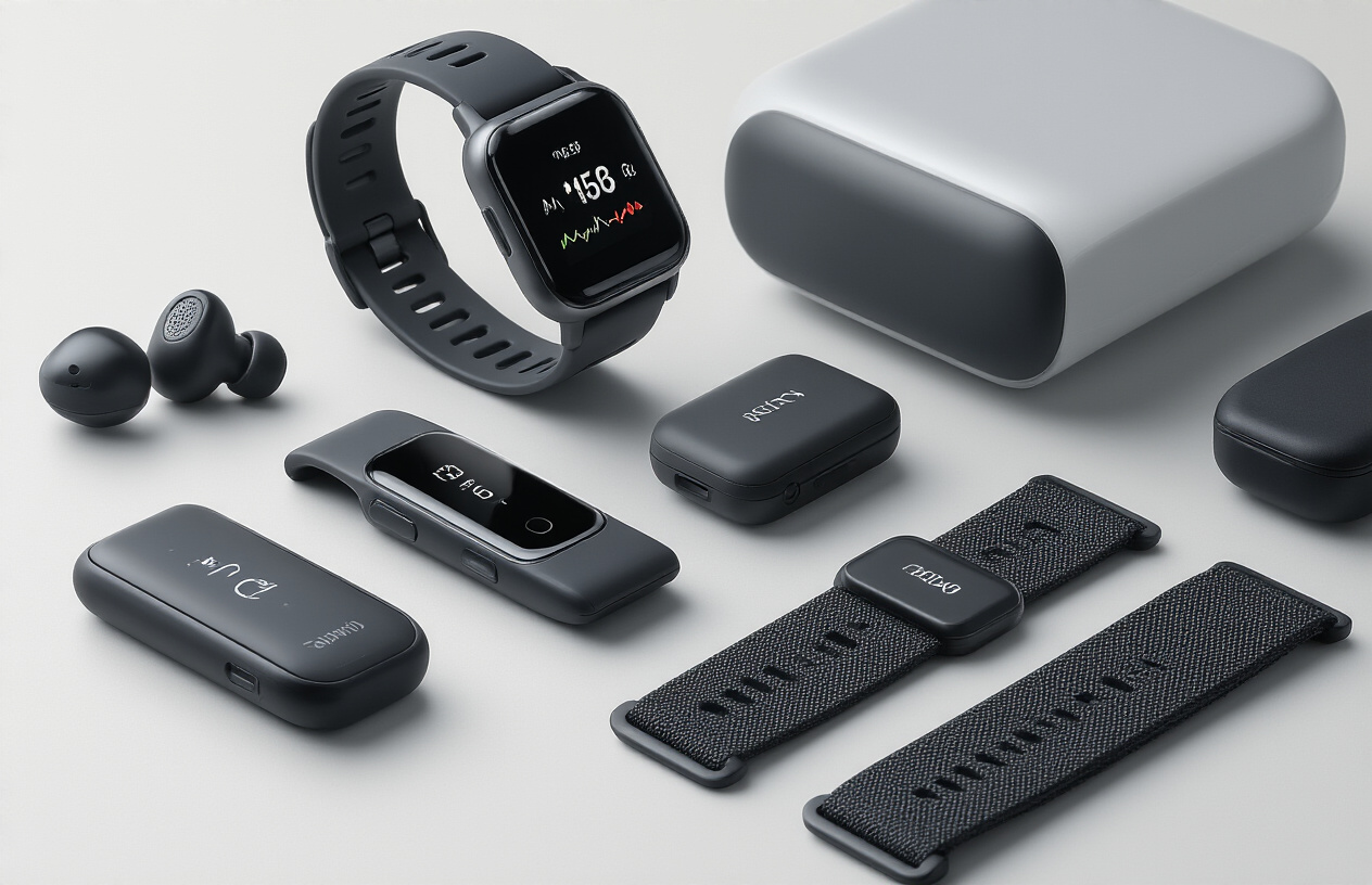 Create a realistic image of a close-up arrangement of essential wearable fitness technology devices including a sleek smartwatch with heart rate display, fitness tracker band, wireless earbuds in their charging case, and a chest heart rate monitor strap, all placed on a clean white or light gray surface with soft, even lighting that highlights the modern design and screens of the devices, creating a professional product showcase atmosphere. Absolutely NO text should be in the scene.