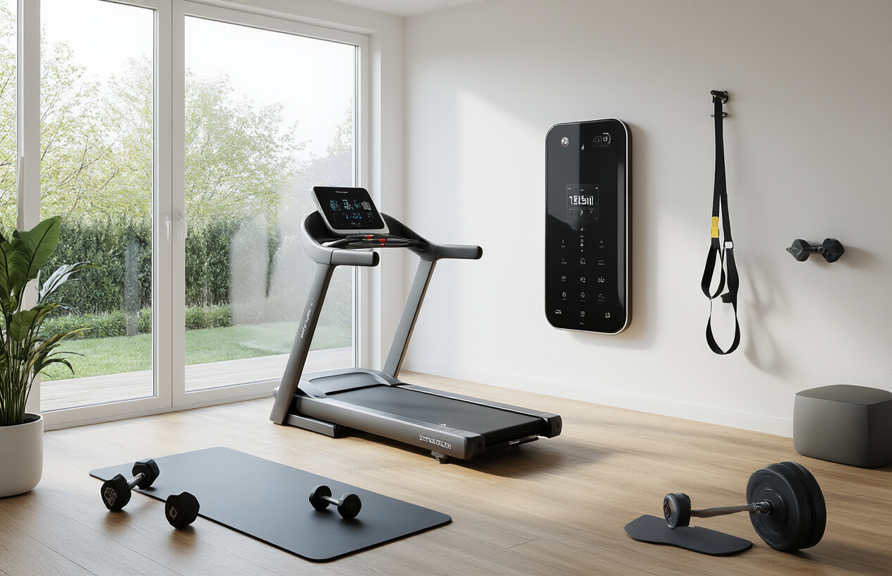 Create a realistic image of a modern home gym setup featuring smart fitness equipment including a sleek treadmill with digital display, smart dumbbells, a wall-mounted mirror with interactive display, resistance bands with sensors, and a smart fitness mat, all arranged in a clean contemporary room with large windows providing natural lighting, wooden floors, and minimalist white walls, showcasing the high-tech integration of connected fitness devices in a home environment, absolutely NO text should be in the scene.