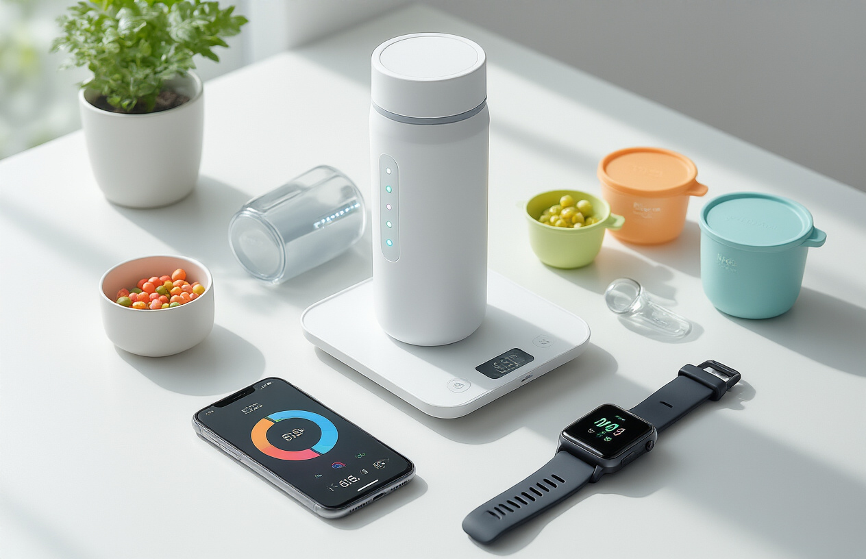 Create a realistic image of modern smart nutrition and hydration monitoring gadgets arranged on a clean white surface, including a smart water bottle with LED indicators, a digital nutrition scale, a smartphone displaying a colorful nutrition tracking app interface, smart measuring cups with digital displays, and a fitness tracker watch, with soft natural lighting from above creating gentle shadows, in a minimalist kitchen or fitness environment setting, absolutely NO text should be in the scene.