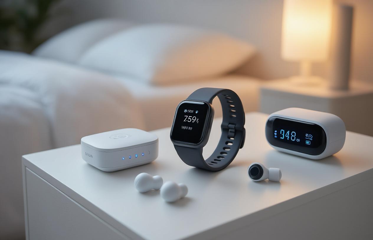 Create a realistic image of modern sleep and recovery technology devices arranged on a clean white bedside table, including a sleek fitness tracker with heart rate monitor, a compact sleep tracking device with soft blue LED indicators, wireless earbuds designed for sleep, a smart sleep mask with built-in sensors, and a cylindrical muscle recovery device, with a softly lit bedroom background featuring warm ambient lighting, a partially visible bed with white linens, and a calm, serene atmosphere that suggests nighttime relaxation and wellness optimization, absolutely NO text should be in the scene.