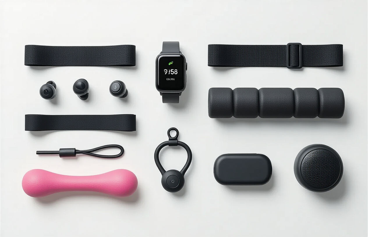 Create a realistic image of an array of portable fitness accessories neatly arranged on a clean white surface, including wireless earbuds, a fitness tracker smartwatch, resistance bands, a compact foam roller, a smart jump rope, a portable phone holder with adjustable mount, and a small bluetooth speaker, with soft natural lighting from above creating subtle shadows, modern minimalist background, professional product photography style, absolutely NO text should be in the scene.