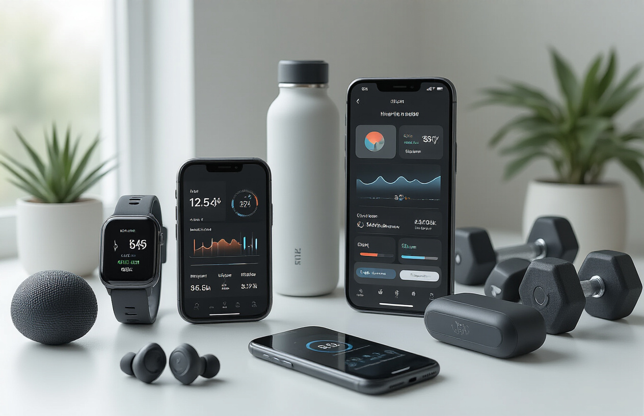 Create a realistic image of a modern fitness setup showcasing various smart gadgets including a smartwatch displaying fitness metrics, wireless earbuds, a smart water bottle, fitness tracker bands, a smartphone with health apps visible on screen, smart dumbbells, and a sleep monitoring device, all arranged aesthetically on a clean white surface with soft natural lighting from the side, creating a motivational and tech-forward atmosphere that represents the culmination of fitness technology tools, absolutely NO text should be in the scene.