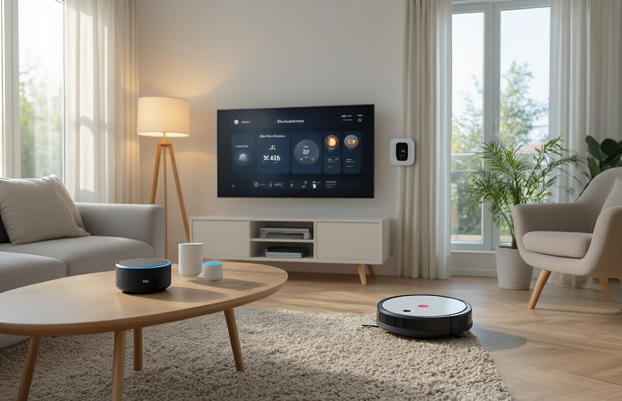 Create a realistic image of a modern living room showcasing various smart home devices including a smart speaker on a coffee table, a smart thermostat on the wall, automated smart curtains, a robotic vacuum cleaner on hardwood floors, smart light bulbs providing warm ambient lighting, and a smart TV displaying a home automation interface, with clean minimalist furniture and a bright, organized atmosphere that conveys efficiency and technological convenience, shot during daytime with natural light streaming through windows, absolutely NO text should be in the scene.