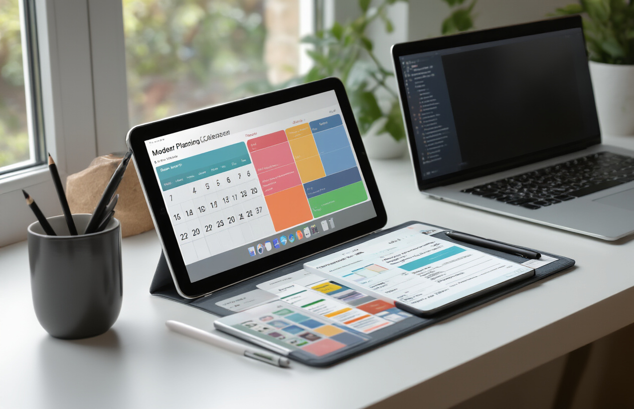 Create a realistic image of a modern workspace featuring digital planning tools including a sleek tablet displaying a colorful calendar app, a smartphone showing a note-taking application interface, a stylus pen lying beside the devices, and a laptop computer with a digital planner open on screen, all arranged on a clean white desk surface with soft natural lighting from a window, creating a productive and organized atmosphere, absolutely NO text should be in the scene.