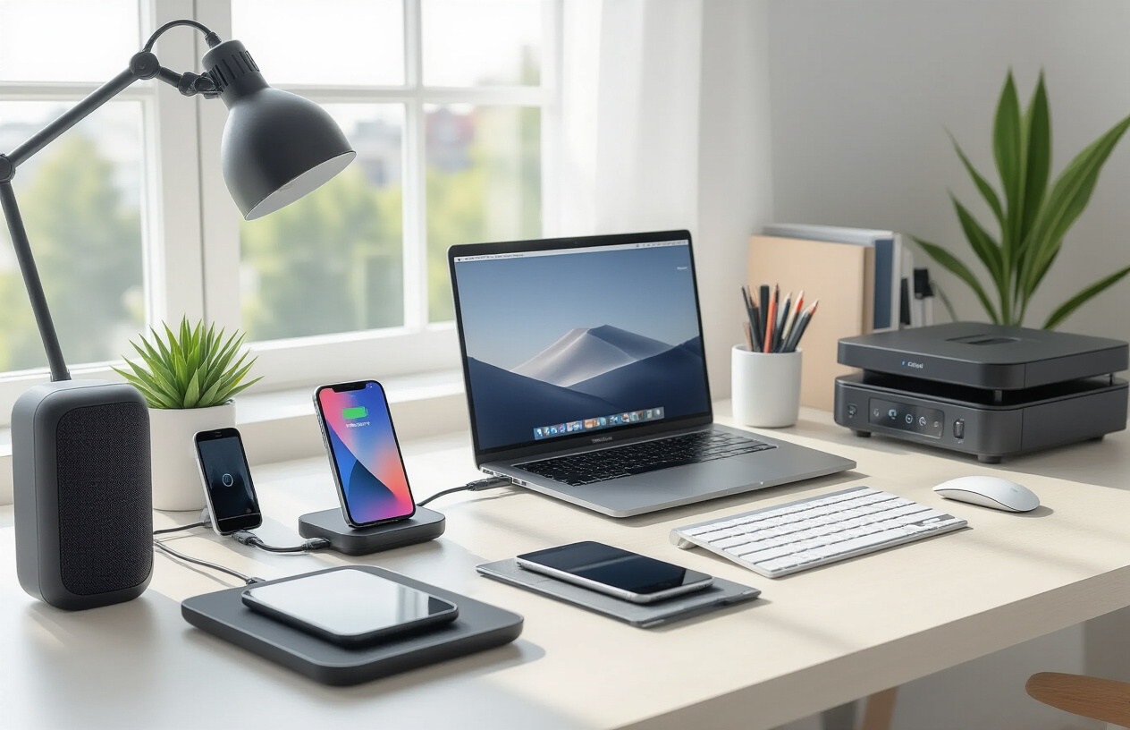 Create a realistic image of a modern, well-organized desk workspace featuring multiple tech gadgets including a sleek laptop, wireless charging pad with smartphone, digital tablet with stylus, cable management system with organized cords, smart speaker, LED desk lamp, wireless keyboard and mouse, multiple USB hubs, and document scanner, all arranged neatly on a clean white or light wood desk surface with minimal background showing a bright, naturally lit office environment with soft shadows, absolutely NO text should be in the scene.