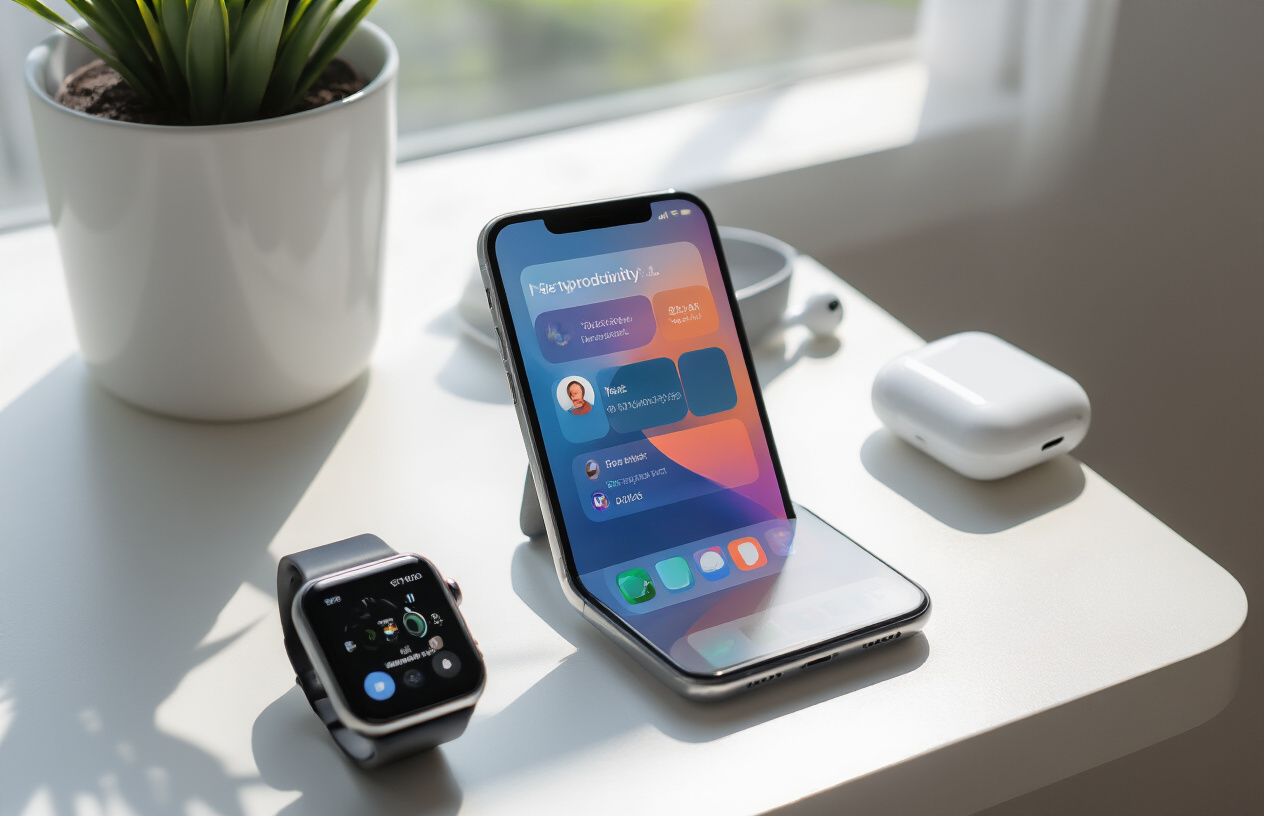 Create a realistic image of a modern smartphone displaying a colorful productivity app interface placed on a clean white desk surface next to a sleek smartwatch and wireless earbuds, with the smartwatch showing a notification screen, all items arranged in an organized manner with soft natural lighting from a nearby window creating gentle shadows, capturing a professional and efficient workspace atmosphere for digital organization tools, absolutely NO text should be in the scene.