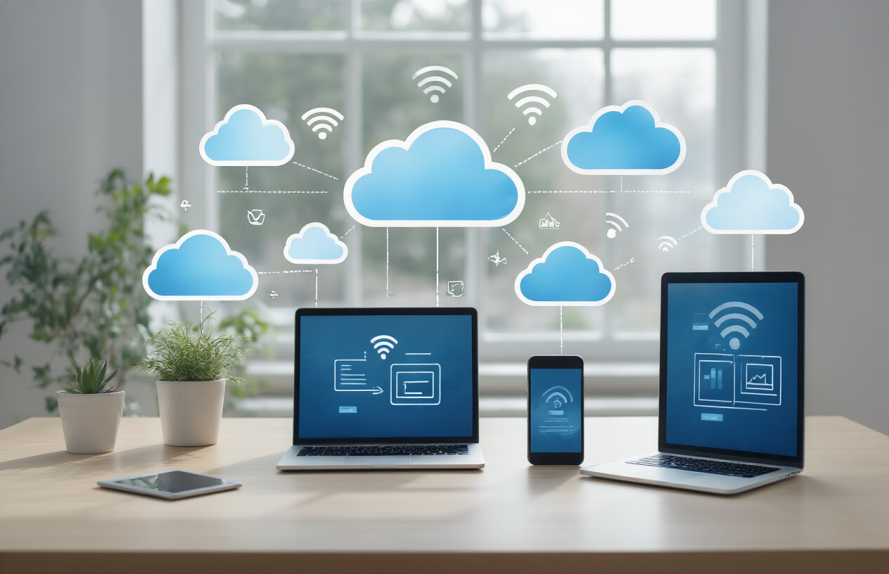 Create a realistic image of multiple floating cloud icons in soft white and blue colors above various modern digital devices including a laptop, smartphone, and tablet displaying file synchronization interfaces, with data streams and wireless connection symbols connecting the devices to the clouds, set against a clean modern office desk with soft natural lighting from a window, creating a professional and organized atmosphere that represents seamless cloud storage and backup technology, absolutely NO text should be in the scene.