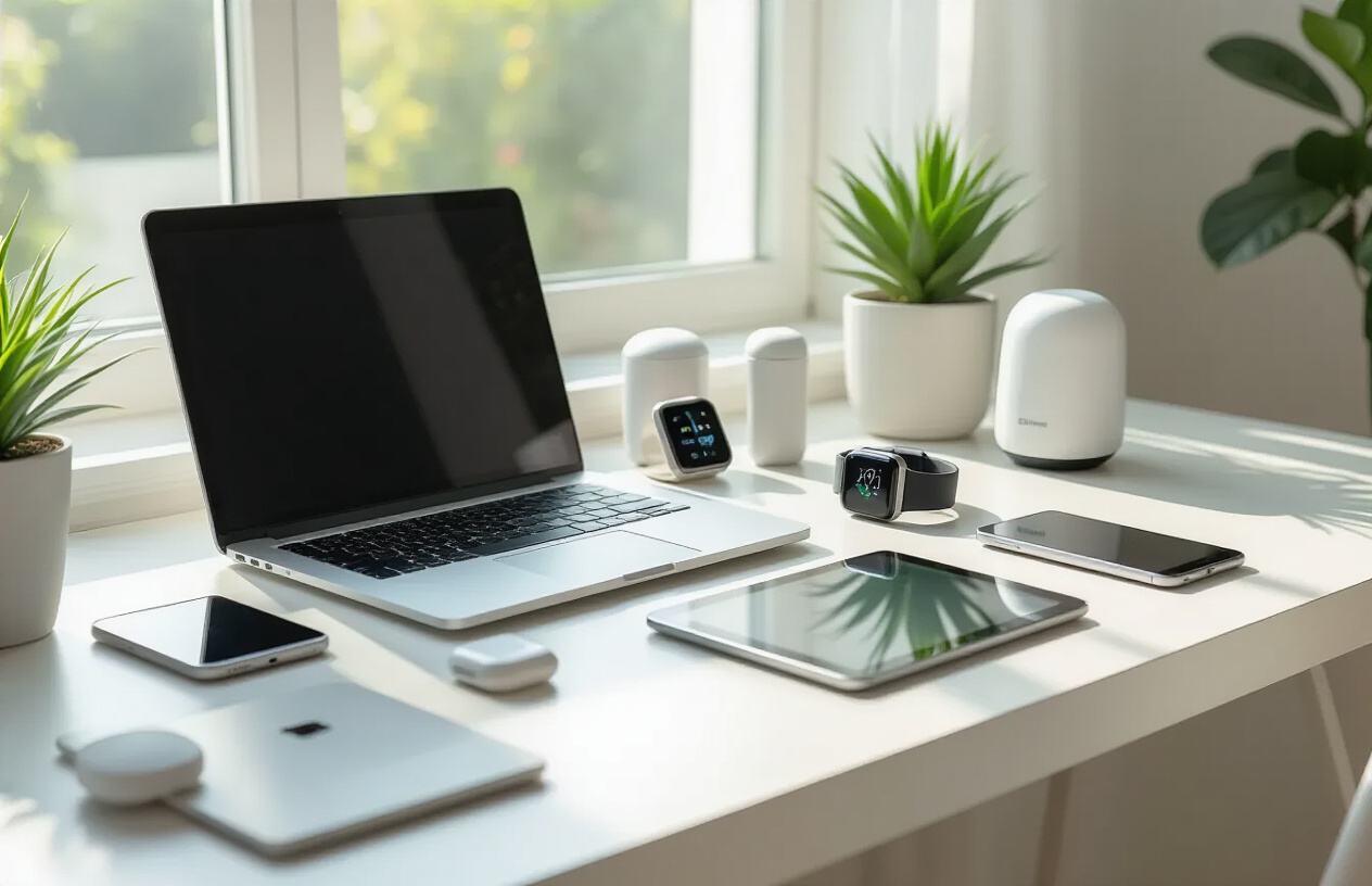 Create a realistic image of a modern organized workspace showcasing various tech gadgets for organization including a sleek laptop, smartphone, smartwatch, wireless earbuds, digital tablet with stylus, small smart home device, and cloud storage device arranged neatly on a clean white desk with soft natural lighting from a nearby window, complemented by a minimalist plant and organized cable management system, creating a calm and productive atmosphere that represents the perfect blend of technology and organization, with warm daylight creating gentle shadows across the surface. Absolutely NO text should be in the scene.