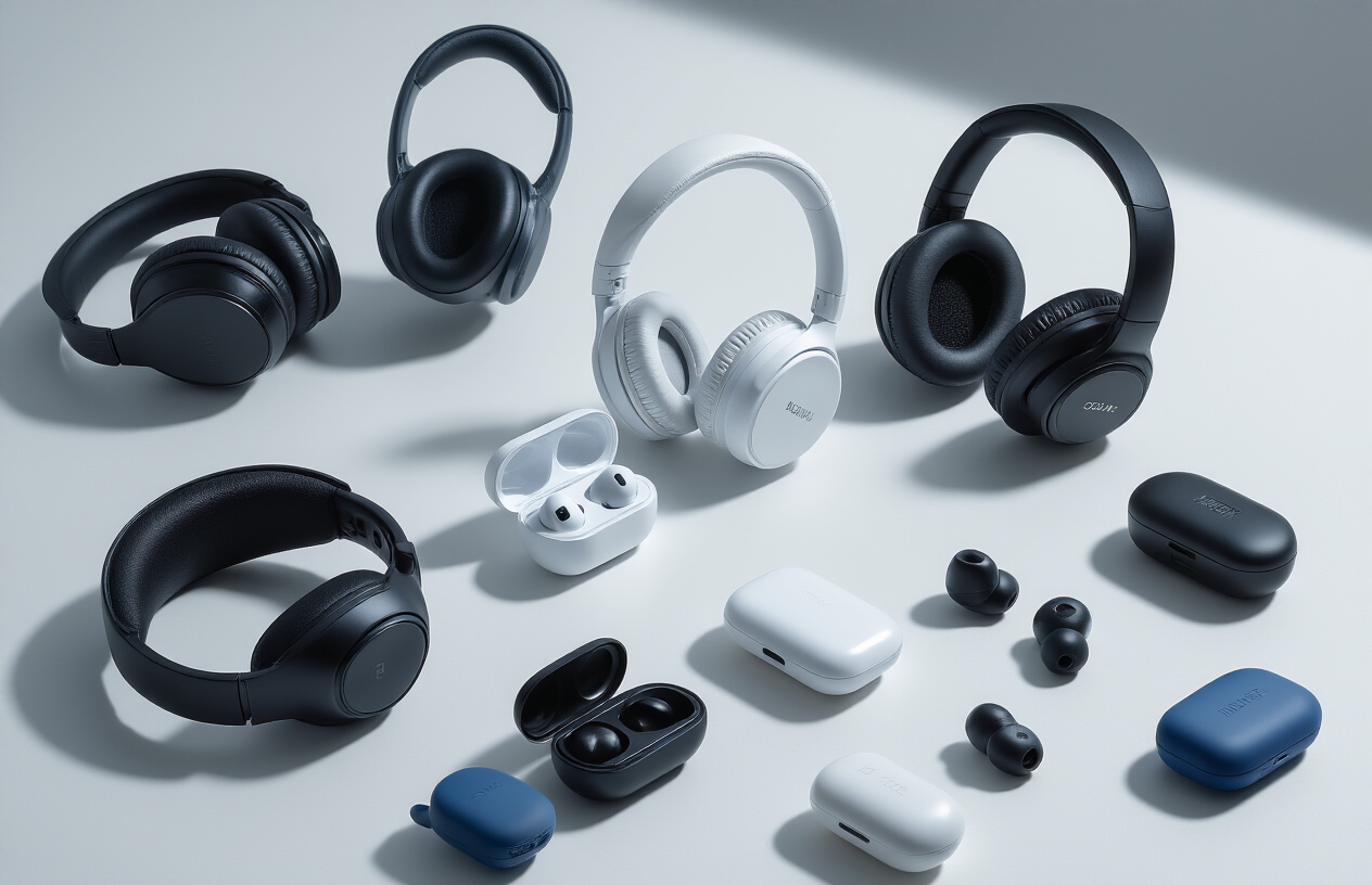 Create a realistic image of a curated display of various Bluetooth headphones and earbuds arranged on a clean white surface, including over-ear headphones, on-ear headphones, wireless earbuds in charging cases, and sport earbuds, showcasing different price ranges from budget-friendly to premium models in colors like black, white, silver, and blue, with soft natural lighting creating subtle shadows, shot from a slightly elevated angle to show the complete collection clearly, with a minimalist modern background. Absolutely NO text should be in the scene.