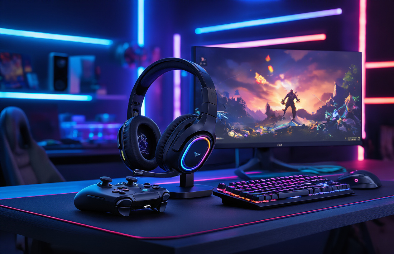 Create a realistic image of modern Bluetooth gaming accessories arranged on a sleek dark gaming desk, featuring a wireless gaming headset with RGB lighting, a Bluetooth gaming controller, wireless gaming mouse, and mechanical gaming keyboard, with a gaming monitor displaying colorful game graphics in the background, dramatic ambient lighting with blue and purple LED strips illuminating the setup, creating a high-tech gaming atmosphere that emphasizes performance and wireless connectivity, absolutely NO text should be in the scene.