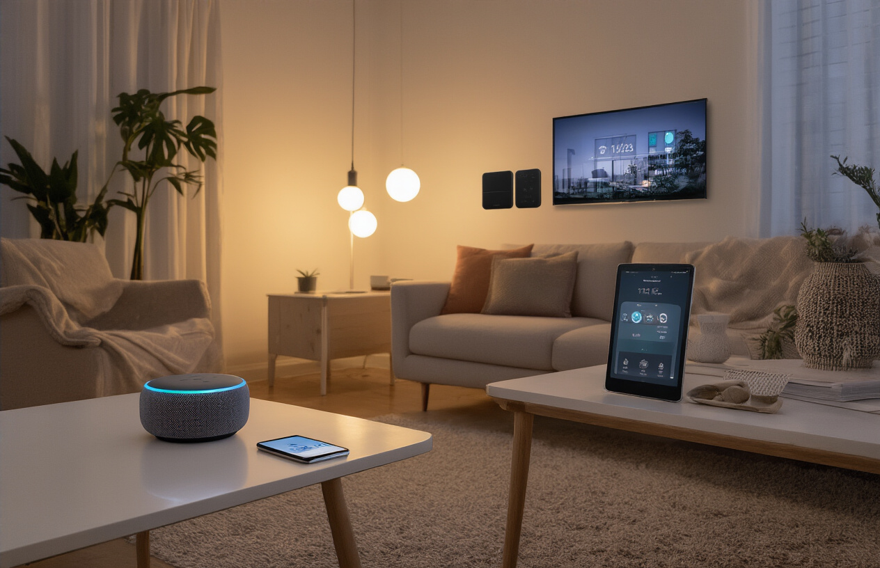Create a realistic image of a modern living room showcasing various smart home Bluetooth devices including a smart speaker on a side table, smart light bulbs illuminating the room with warm ambient lighting, a smartphone on a coffee table displaying a home automation app, smart plugs visible in wall outlets, and a tablet mounted on the wall, all arranged in a clean contemporary home interior with comfortable seating and plants, captured in soft natural lighting from a window, absolutely NO text should be in the scene.