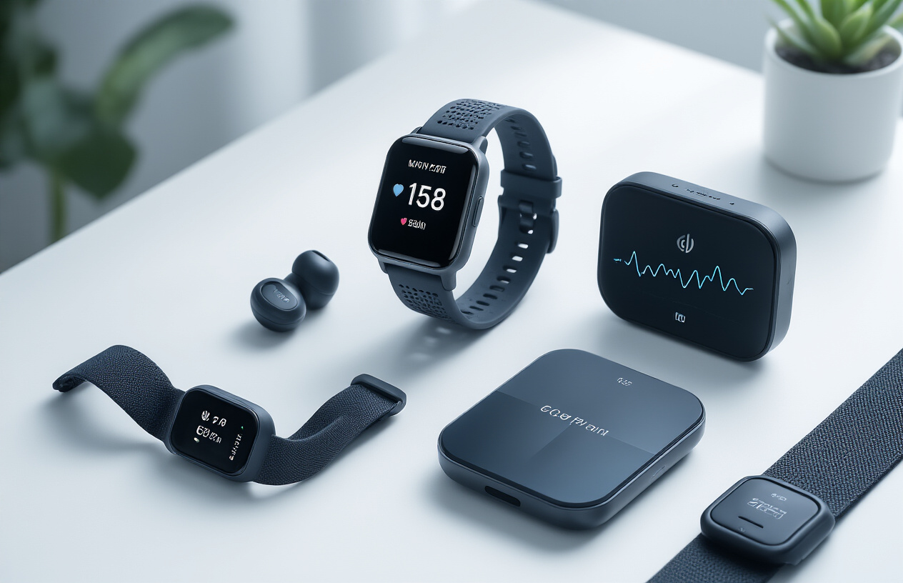 Create a realistic image of modern Bluetooth fitness and health monitoring gadgets arranged on a clean white surface, including a smartwatch displaying heart rate data, wireless earbuds in their charging case, a fitness tracker band, a smart scale, and a chest heart rate monitor strap, with soft natural lighting from above creating gentle shadows, clean minimalist background with subtle blue accent lighting to emphasize the Bluetooth connectivity theme, absolutely NO text should be in the scene.