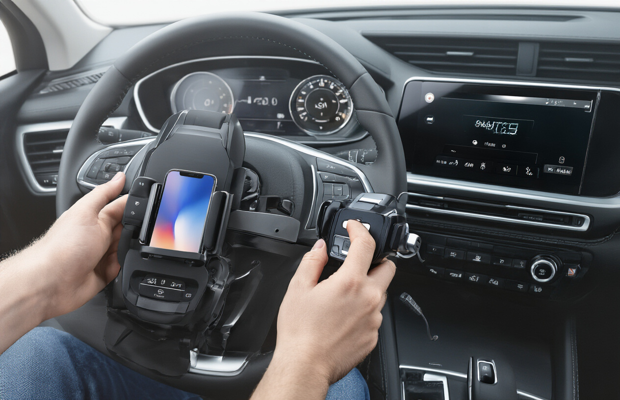 Create a realistic image of a modern car dashboard and steering wheel featuring multiple Bluetooth car accessories including a wireless car charger with a smartphone mounted on it, Bluetooth hands-free earpiece, wireless car adapter plugged into the dashboard, and Bluetooth FM transmitter, with a white male driver's hands visible on the steering wheel in a well-lit car interior during daytime, emphasizing safety and technology integration, absolutely NO text should be in the scene.