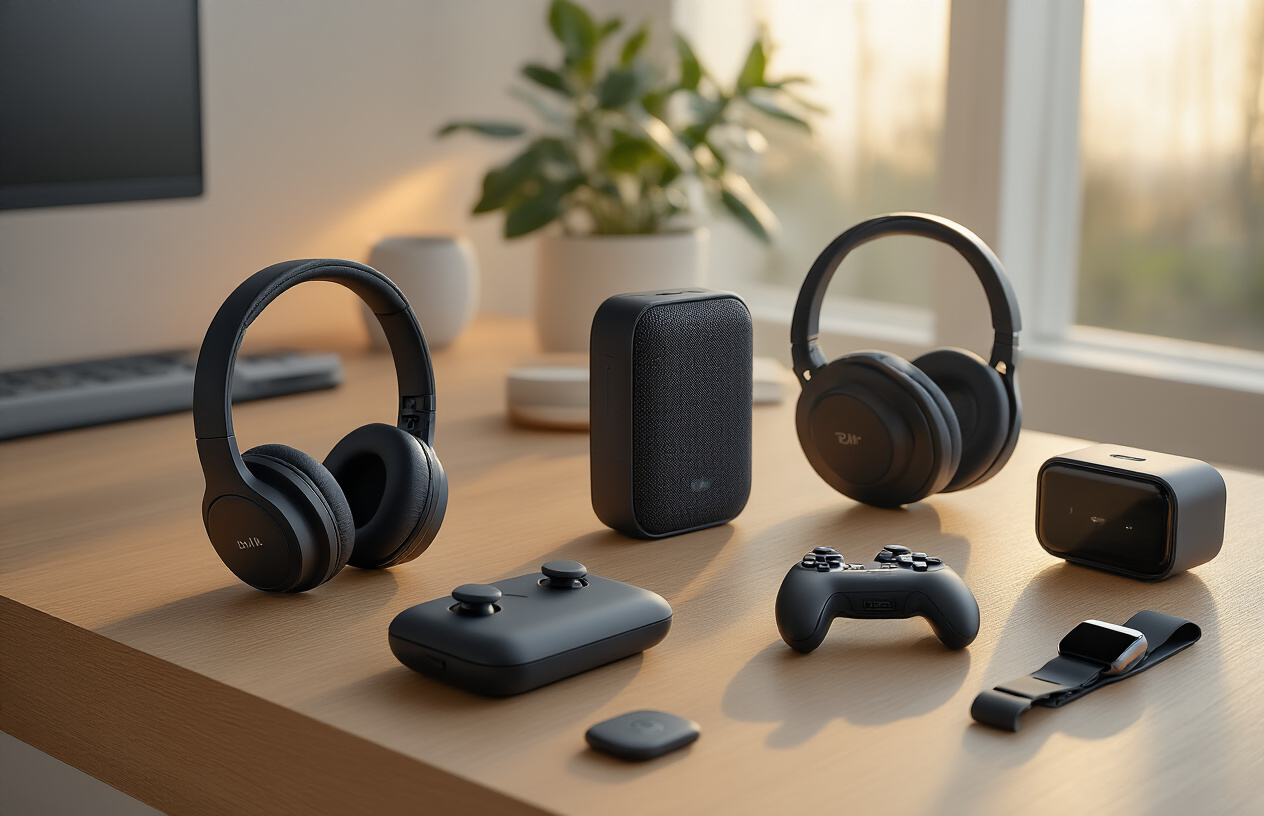 Create a realistic image of a modern living space showcasing various Bluetooth gadgets arranged on a sleek wooden desk and surrounding area, including wireless headphones, earbuds in their charging case, a portable Bluetooth speaker, gaming controller, smartwatch, fitness tracker, and car Bluetooth adapter, all positioned in an organized display with warm ambient lighting from a nearby window creating soft shadows, clean minimalist background with neutral colors, conveying a tech-savvy lifestyle atmosphere, shot from a slightly elevated angle to show the complete collection of devices clearly, absolutely NO text should be in the scene.