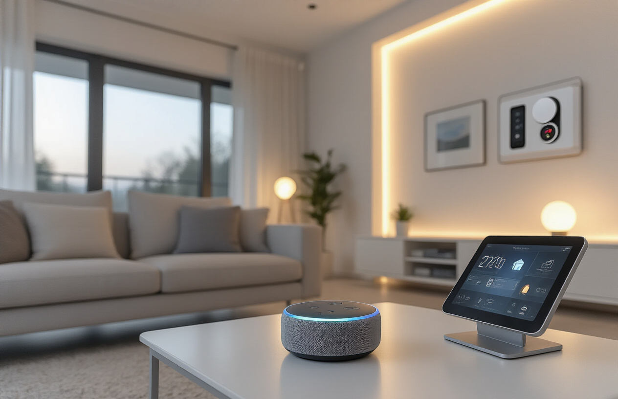 Create a realistic image of a modern living room showcasing various smart home devices including a voice assistant speaker on a coffee table, smart light bulbs glowing with warm ambient lighting, a smart thermostat mounted on the wall, a tablet displaying home automation controls resting on a couch, and smart plugs visible in wall outlets, with sleek contemporary furniture, neutral color palette of grays and whites, soft evening lighting creating a cozy atmosphere, clean and organized space that demonstrates seamless technology integration into daily home life, absolutely NO text should be in the scene.