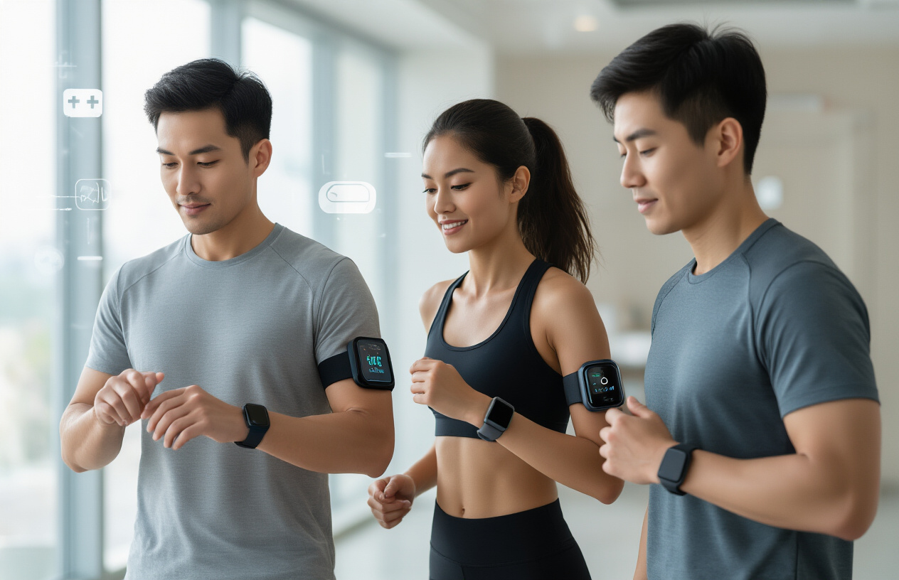 Create a realistic image of a diverse group of people wearing various modern health monitoring devices including smartwatches, fitness trackers, and heart rate monitors on their wrists and arms, with a white male checking his smartwatch display, a black female wearing a sleek fitness band while jogging, and an Asian male using a wearable pulse oximeter, set against a clean modern indoor environment with soft natural lighting from large windows, featuring a minimalist background with subtle health-related icons floating holographically in the air, emphasizing the advanced technology integration in daily wellness routines, with a bright and optimistic mood showcasing innovation and healthy living, absolutely NO text should be in the scene.