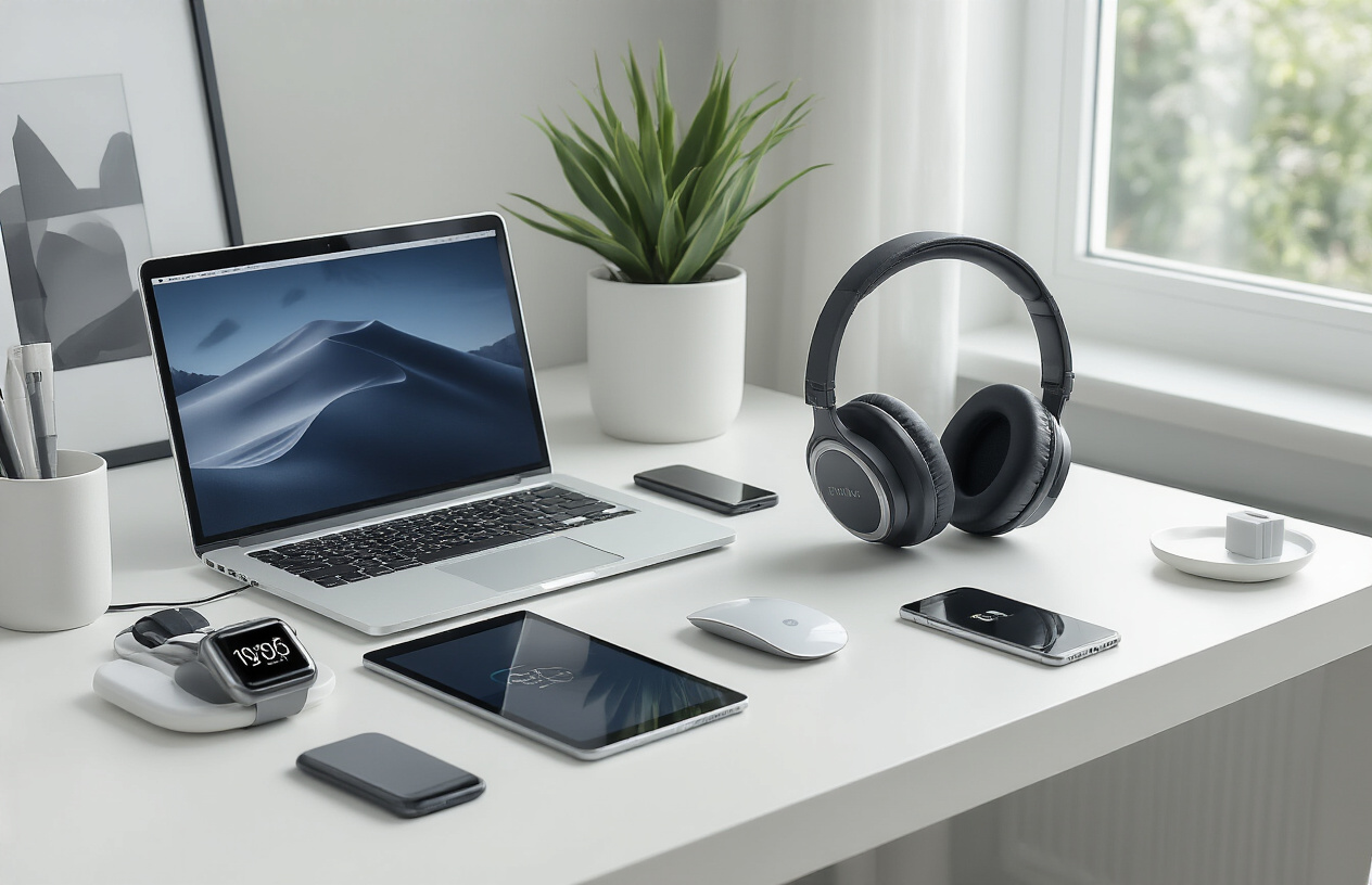 Create a realistic image of a modern office desk setup featuring productivity tech gadgets including a sleek laptop computer, wireless noise-canceling headphones, a smartwatch, a digital tablet with stylus, a smartphone, and a wireless charging pad, all arranged neatly on a clean white desk surface with soft natural lighting from a nearby window, creating a professional and organized workspace atmosphere that conveys efficiency and modern technology integration, absolutely NO text should be in the scene.