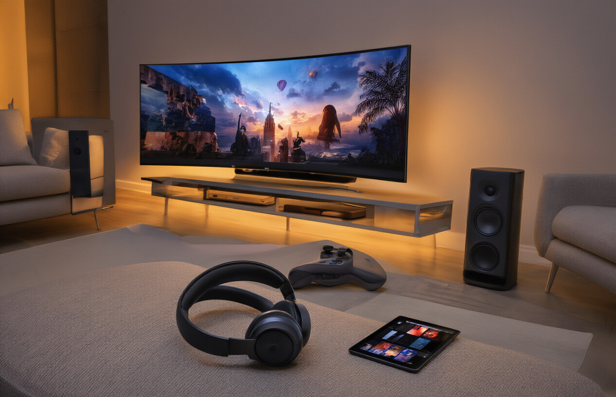 Create a realistic image of a modern living room setup featuring various entertainment gadgets including a large curved smart TV displaying a vibrant movie scene, wireless headphones resting on a sleek coffee table, a gaming console with controllers, a tablet showing streaming content, and smart speakers positioned around the room, with warm ambient lighting creating a cozy atmosphere and contemporary furniture in neutral tones, absolutely NO text should be in the scene.