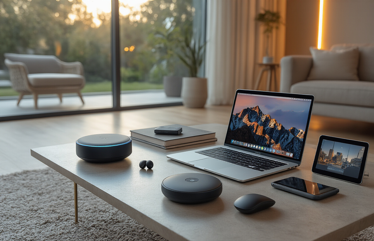 Create a realistic image of a modern living space showcasing various life-changing tech gadgets including a smart home hub on a sleek coffee table, fitness smartwatch and wireless earbuds placed nearby, a laptop with wireless mouse representing productivity tools, and a tablet displaying entertainment content, all arranged in a clean contemporary room with warm ambient lighting from smart LED strips, creating an inviting and futuristic atmosphere that represents the integration of technology into daily life, shot with soft natural lighting streaming through a window, absolutely NO text should be in the scene.