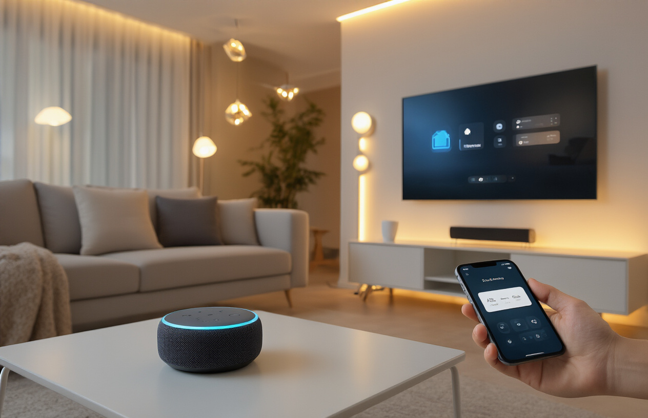 Create a realistic image of a modern living room showcasing various smart home devices including a smart speaker on a coffee table, smart light bulbs illuminating the space, a smart thermostat mounted on the wall, a smartphone displaying a home automation app on the couch, and a smart TV displaying a home control interface, with warm ambient lighting creating a cozy atmosphere, clean contemporary furniture, and a minimalist aesthetic that emphasizes comfort and technology integration, absolutely NO text should be in the scene.