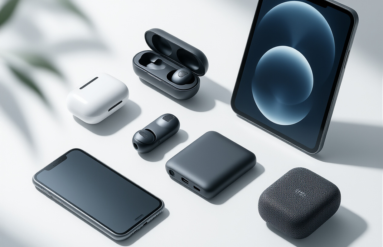 Create a realistic image of a collection of modern portable tech gadgets artfully arranged on a clean white surface, including wireless earbuds in their charging case, a sleek power bank, a compact smartphone with a thin profile, a lightweight tablet, a portable phone stand, and a small Bluetooth speaker, with soft natural lighting from the side creating gentle shadows, professional product photography style with a minimalist background, absolutely NO text should be in the scene.